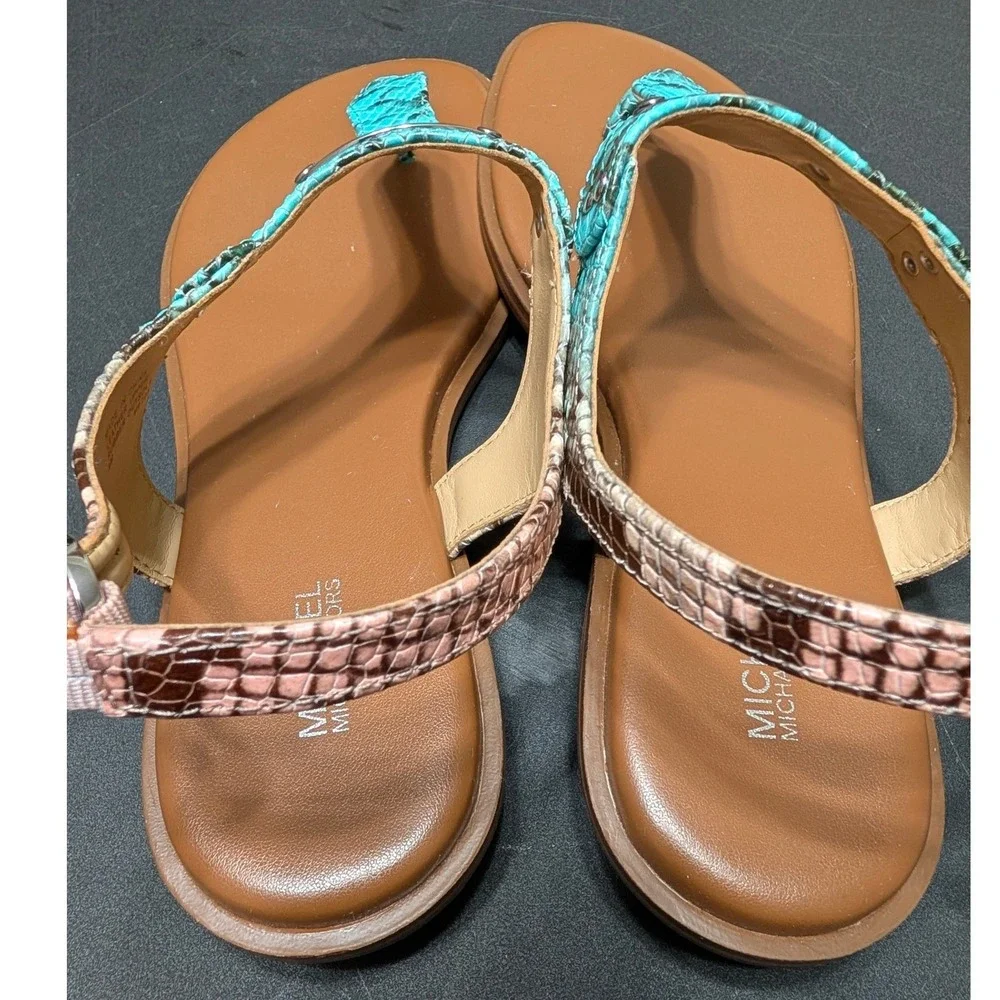 Michael Kors Womens Snakeskin Embossed Leather Thong Sandals Turquoise Pink 8M
